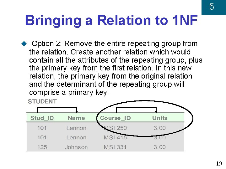 5 Bringing a Relation to 1 NF u Option 2: Remove the entire repeating