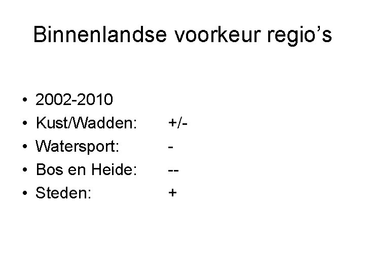 Binnenlandse voorkeur regio’s • • • 2002 -2010 Kust/Wadden: Watersport: Bos en Heide: Steden: