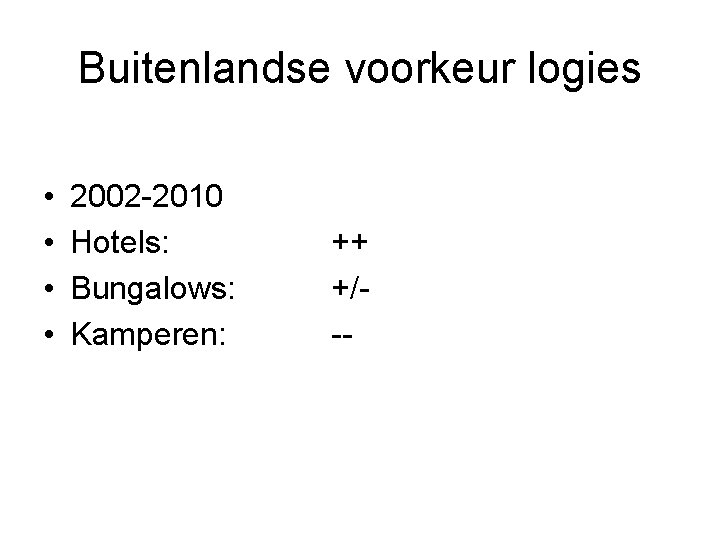 Buitenlandse voorkeur logies • • 2002 -2010 Hotels: Bungalows: Kamperen: ++ +/-- 