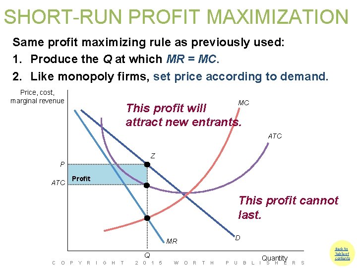 SHORT-RUN PROFIT MAXIMIZATION Same profit maximizing rule as previously used: 1. Produce the Q
