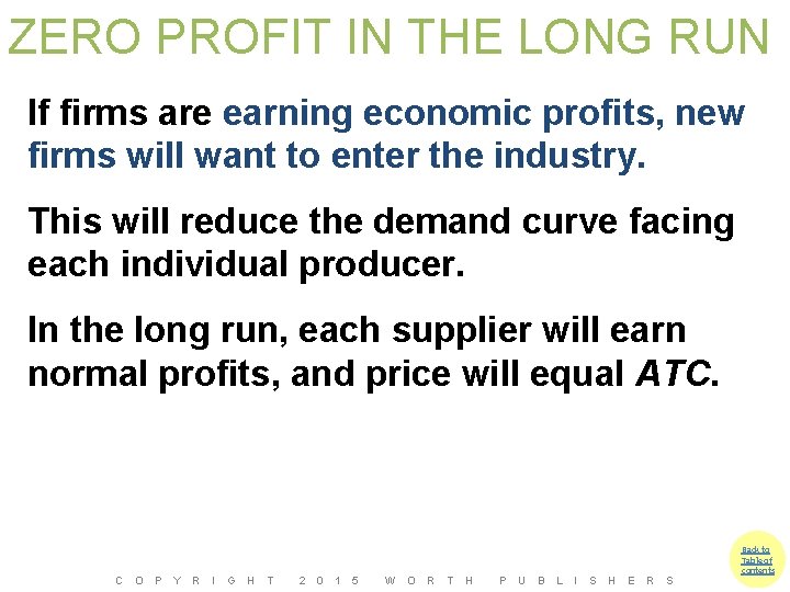 ZERO PROFIT IN THE LONG RUN If firms are earning economic profits, new firms