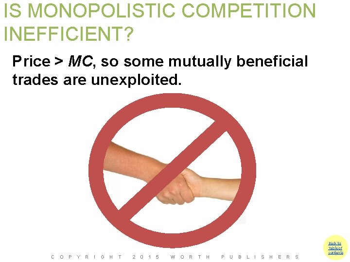 IS MONOPOLISTIC COMPETITION INEFFICIENT? Price > MC, so some mutually beneficial trades are unexploited.