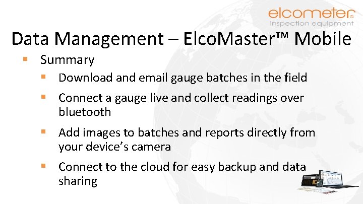 Data Management – Elco. Master™ Mobile § Summary § Download and email gauge batches