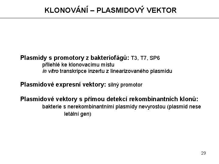 KLONOVÁNÍ – PLASMIDOVÝ VEKTOR Plasmidy s promotory z bakteriofágů: T 3, T 7, SP