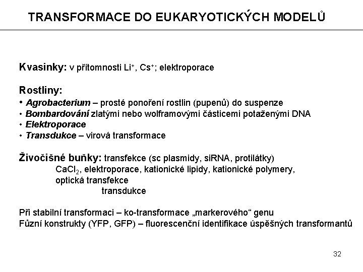 TRANSFORMACE DO EUKARYOTICKÝCH MODELŮ Kvasinky: v přítomnosti Li+, Cs+; elektroporace Rostliny: • Agrobacterium –