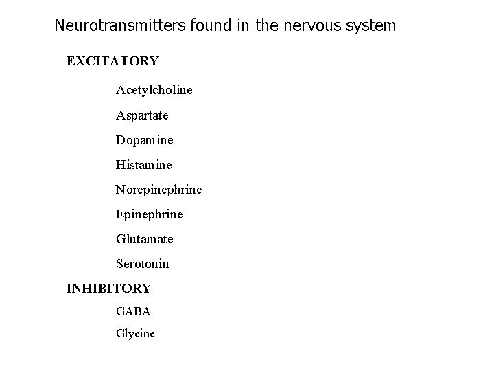 Neurotransmitters found in the nervous system EXCITATORY Acetylcholine Aspartate Dopamine Histamine Norepinephrine Epinephrine Glutamate Neurotransmitters found in the nervous system EXCITATORY Acetylcholine Aspartate Dopamine Histamine Norepinephrine Epinephrine Glutamate