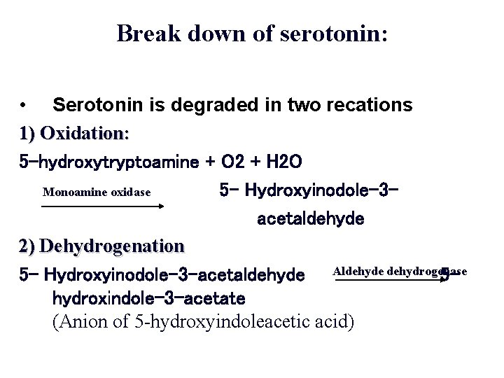 Break down of serotonin: • Serotonin is degraded in two recations 1) Oxidation: 5 Break down of serotonin: • Serotonin is degraded in two recations 1) Oxidation: 5