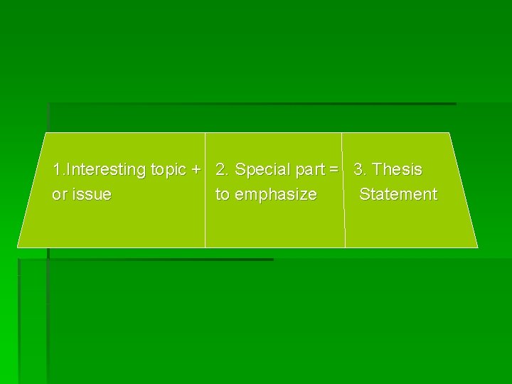 1. Interesting topic + 2. Special part = 3. Thesis or issue to emphasize