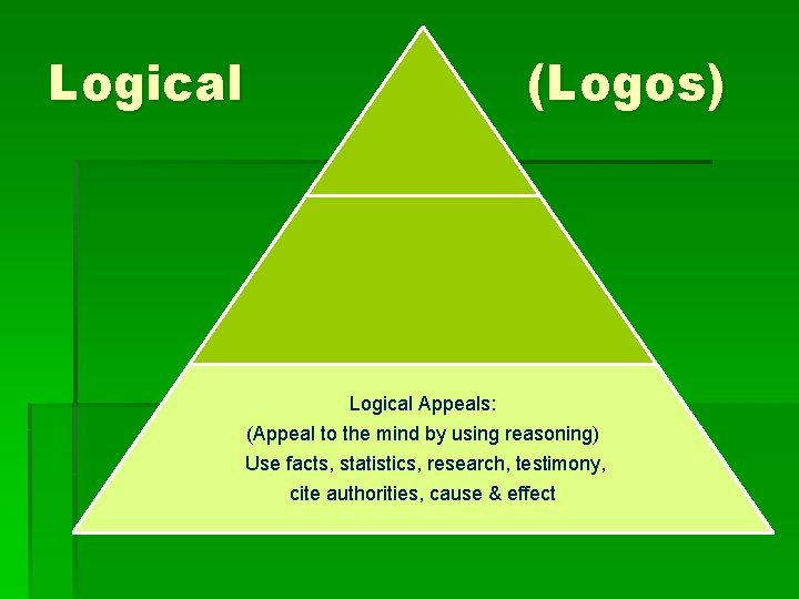 Logical (Logos) Logical Appeals: (Appeal to the mind by using reasoning) Use facts, statistics,