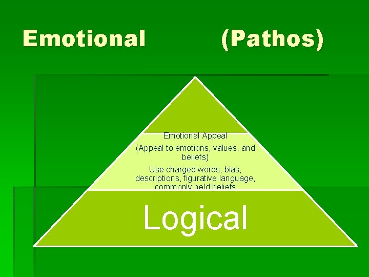 Emotional (Pathos) Emotional Appeal (Appeal to emotions, values, and beliefs) Use charged words, bias,