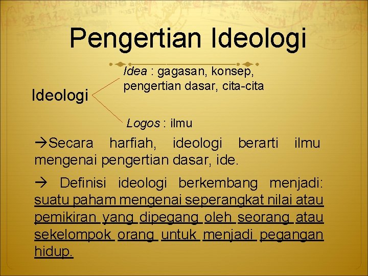 Pengertian Ideologi Idea : gagasan, konsep, pengertian dasar, cita-cita Logos : ilmu Secara harfiah,