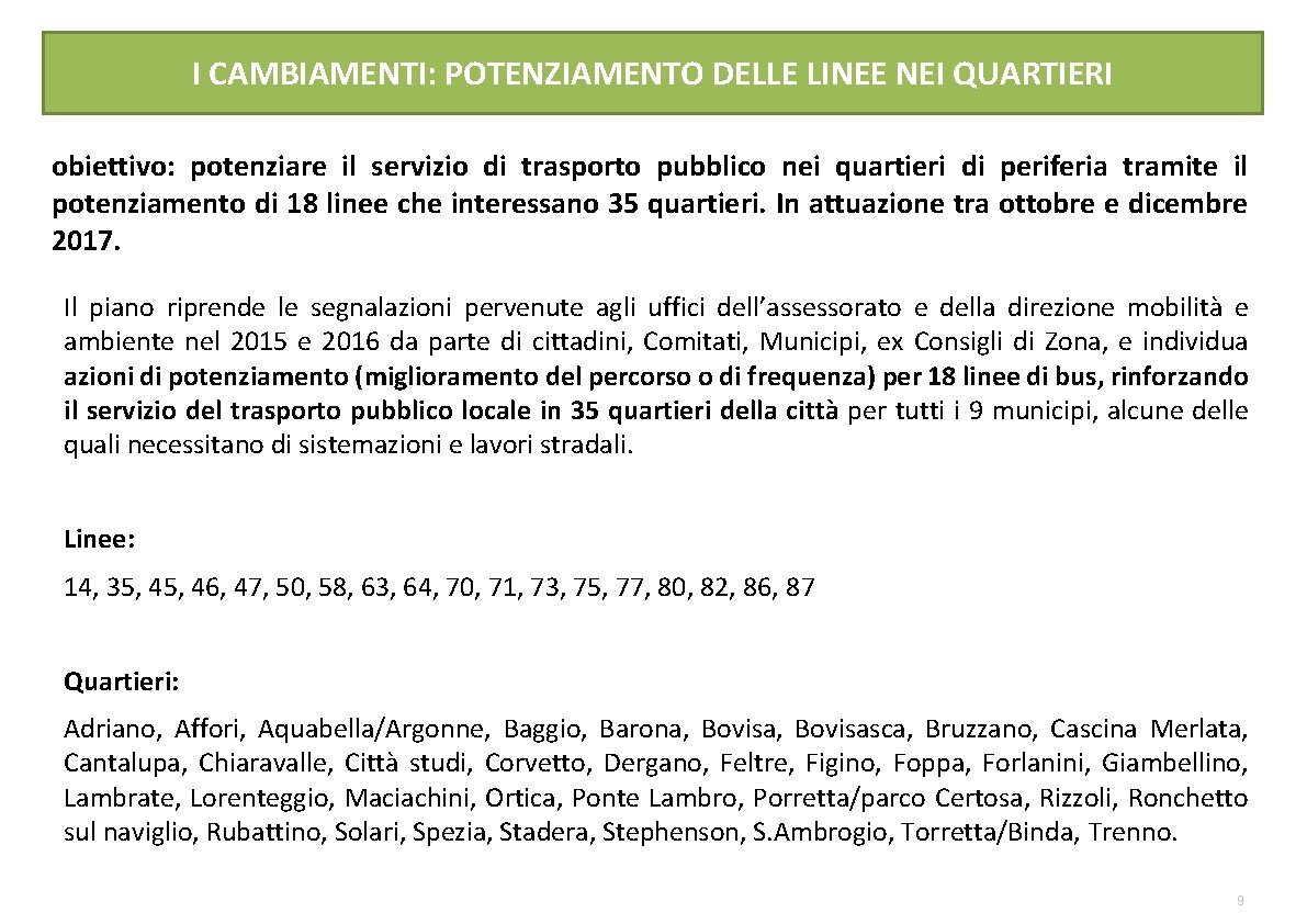 I CAMBIAMENTI: POTENZIAMENTO DELLE LINEE NEI QUARTIERI obiettivo: potenziare il servizio di trasporto pubblico