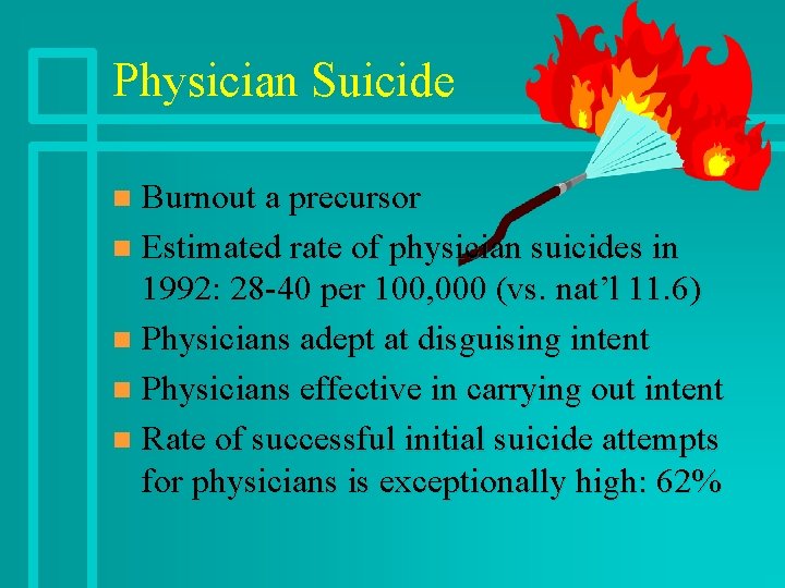 Physician Suicide Burnout a precursor n Estimated rate of physician suicides in 1992: 28