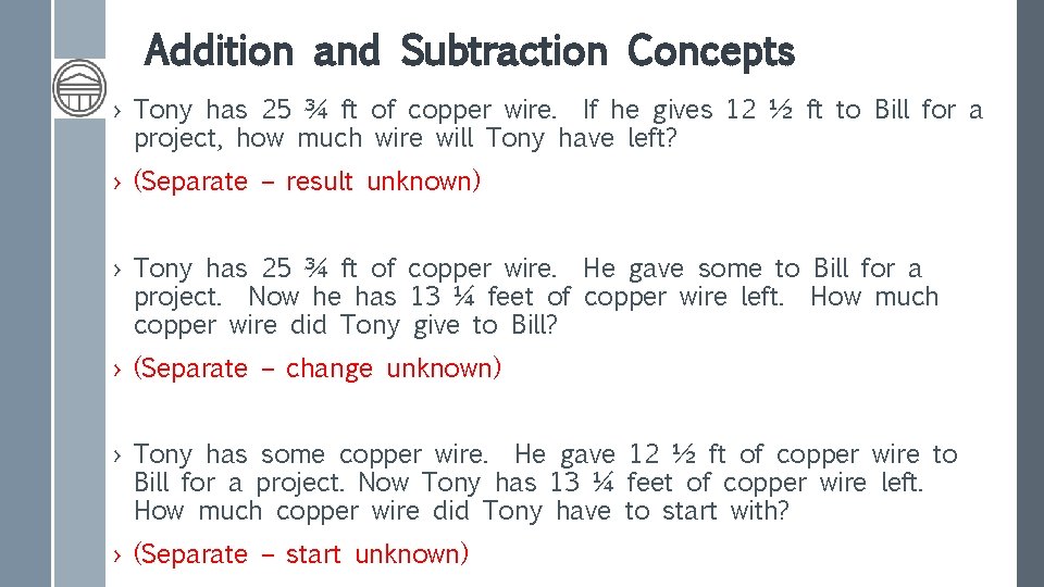 Addition and Subtraction Concepts › Tony has 25 ¾ ft of copper wire. If