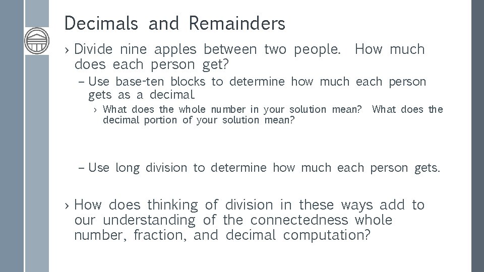 Decimals and Remainders › Divide nine apples between two people. How much does each