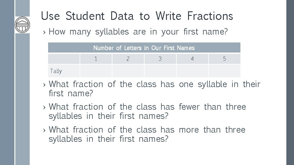 Use Student Data to Write Fractions › How many syllables are in your first