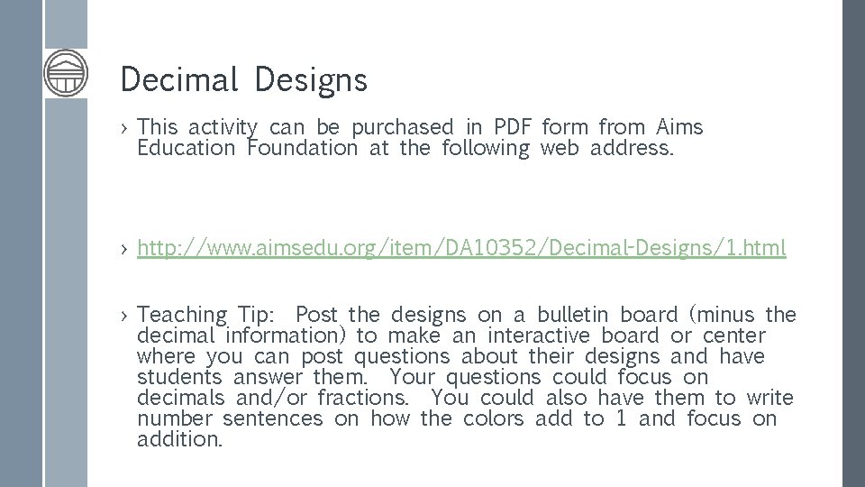 Decimal Designs › This activity can be purchased in PDF form from Aims Education