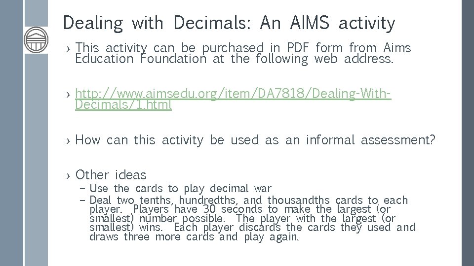 Dealing with Decimals: An AIMS activity › This activity can be purchased in PDF