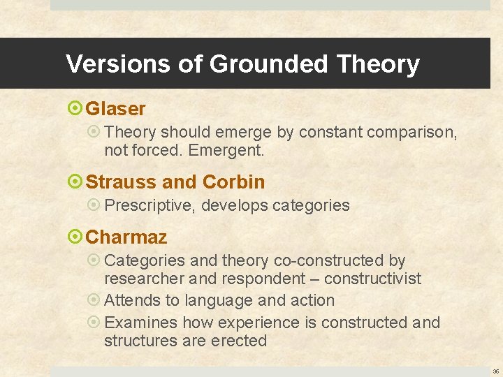 Versions of Grounded Theory Glaser Theory should emerge by constant comparison, not forced. Emergent.