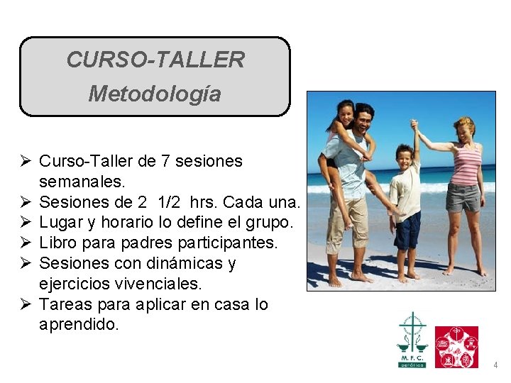 CURSO-TALLER Metodología Ø Curso-Taller de 7 sesiones semanales. Ø Sesiones de 2 1/2 hrs.