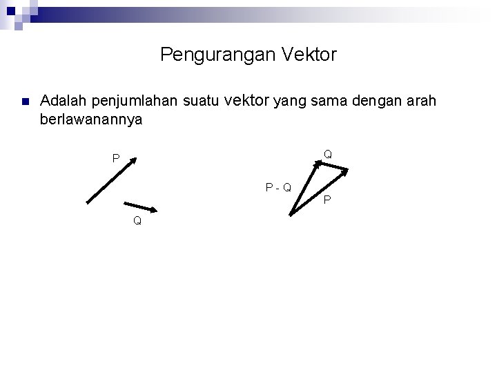 Pengurangan Vektor n Adalah penjumlahan suatu vektor yang sama dengan arah berlawanannya Q P