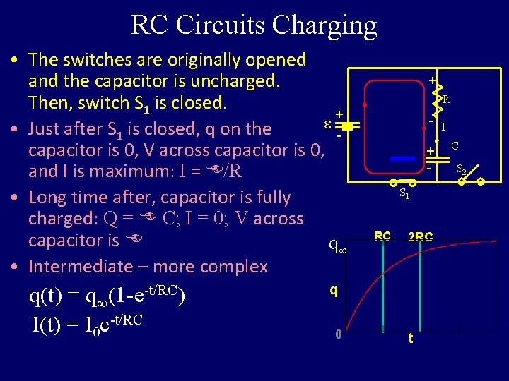 RC Circuits Charging • The switches are originally opened and the capacitor is uncharged.