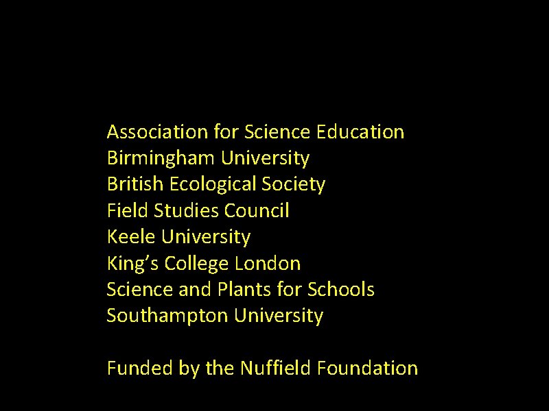 Association for Science Education Birmingham University British Ecological Society Field Studies Council Keele University