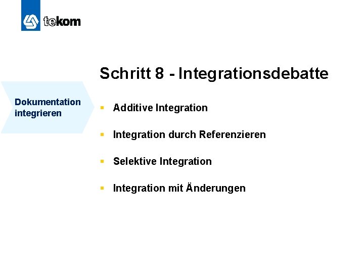 Schritt 8 - Integrationsdebatte Dokumentation integrieren § Additive Integration § Integration durch Referenzieren §