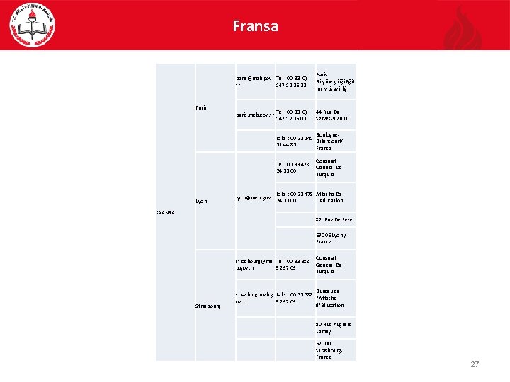 Fransa paris@meb. gov. Tel : 00 33 (0) tr 147 12 36 23 Paris