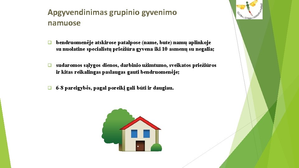 Apgyvendinimas grupinio gyvenimo namuose q bendruomenėje atskirose patalpose (name, bute) namų aplinkoje su nuolatine