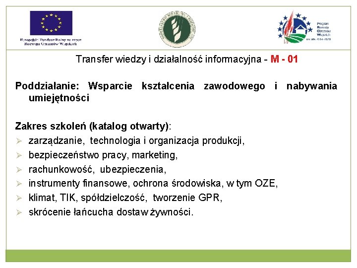 Transfer wiedzy i działalność informacyjna - M - 01 Poddziałanie: Wsparcie kształcenia zawodowego i