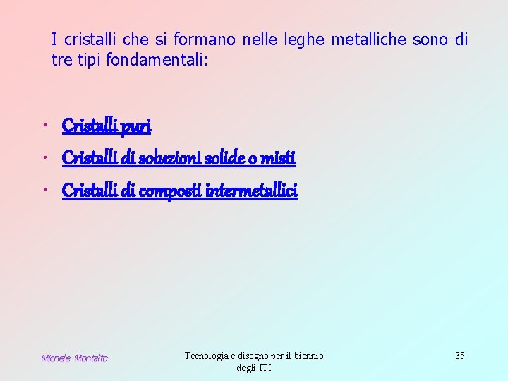 I cristalli che si formano nelle leghe metalliche sono di tre tipi fondamentali: •