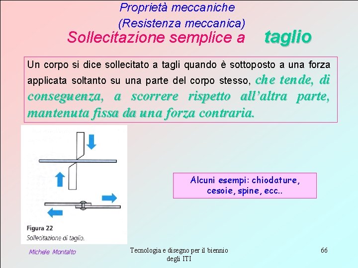 Proprietà meccaniche (Resistenza meccanica) Sollecitazione semplice a taglio Un corpo si dice sollecitato a