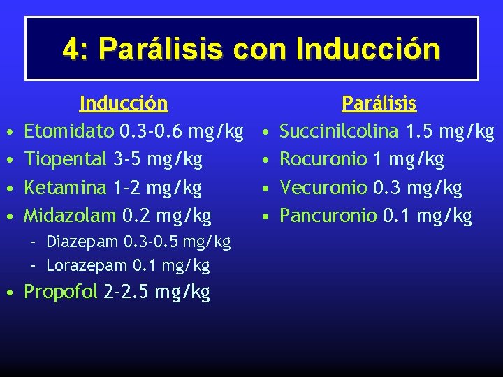 4: Parálisis con Inducción • • Inducción Etomidato 0. 3 -0. 6 mg/kg Tiopental