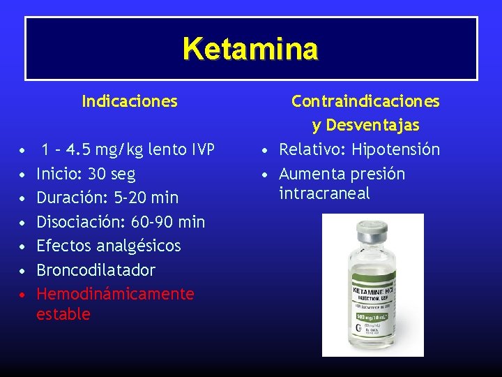 Ketamina Indicaciones • • 1 – 4. 5 mg/kg lento IVP Inicio: 30 seg