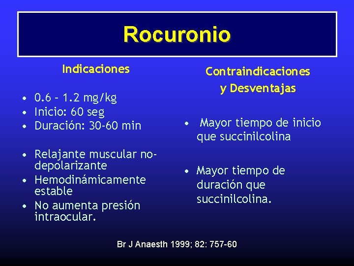 Rocuronio Indicaciones • 0. 6 – 1. 2 mg/kg • Inicio: 60 seg •