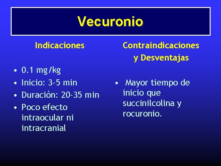 Vecuronio Indicaciones • • 0. 1 mg/kg Inicio: 3 -5 min Duración: 20 -35