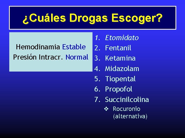 ¿Cuáles Drogas Escoger? 1. Hemodinamia Estable 2. Presión Intracr. Normal 3. 4. 5. 6.