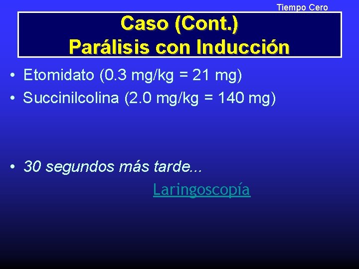 Tiempo Cero Caso (Cont. ) Parálisis con Inducción • Etomidato (0. 3 mg/kg =