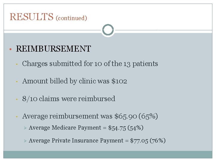 RESULTS (continued) • REIMBURSEMENT • Charges submitted for 10 of the 13 patients •