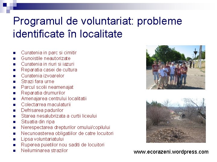 Programul de voluntariat: probleme identificate în localitate n n n n n Curatenia in