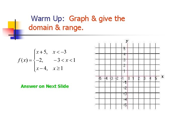  Warm Up: Graph & give the domain & range. Answer on Next Slide
