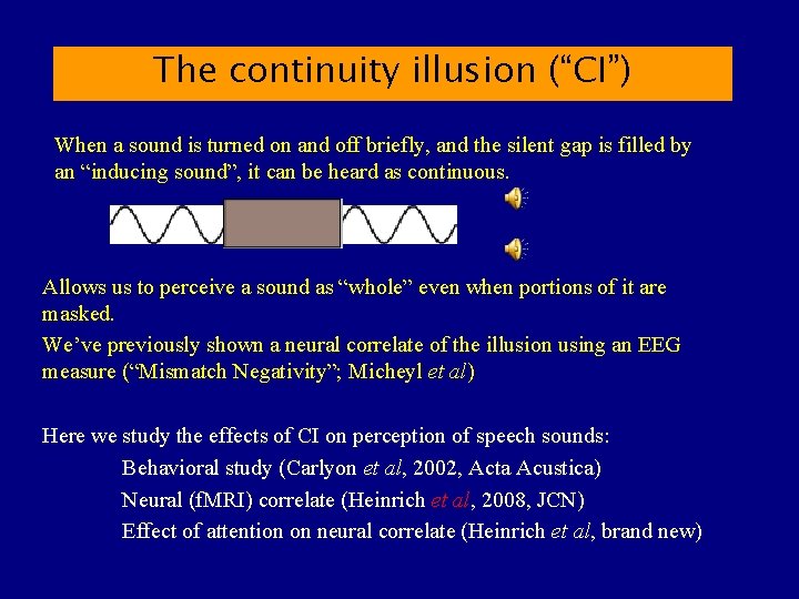 The continuity illusion (“CI”) When a sound is turned on and off briefly, and
