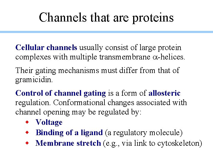 Channels that are proteins Cellular channels usually consist of large protein complexes with multiple