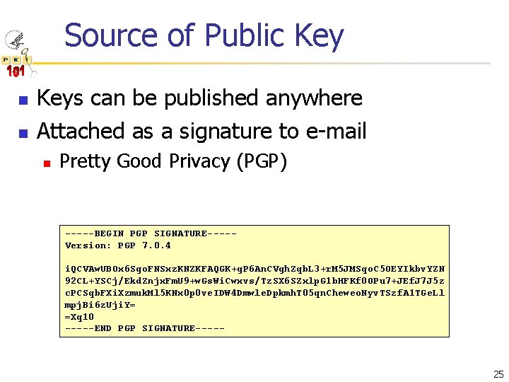 Source of Public Key n n Keys can be published anywhere Attached as a