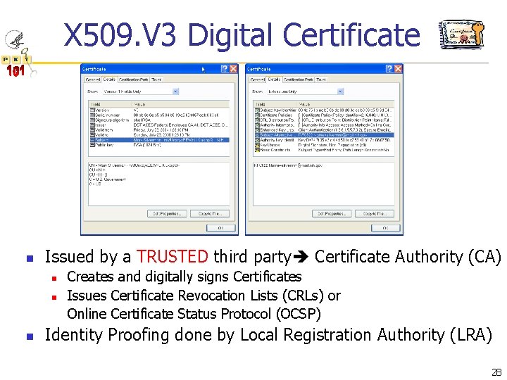 X 509. V 3 Digital Certificate n Issued by a TRUSTED third party Certificate
