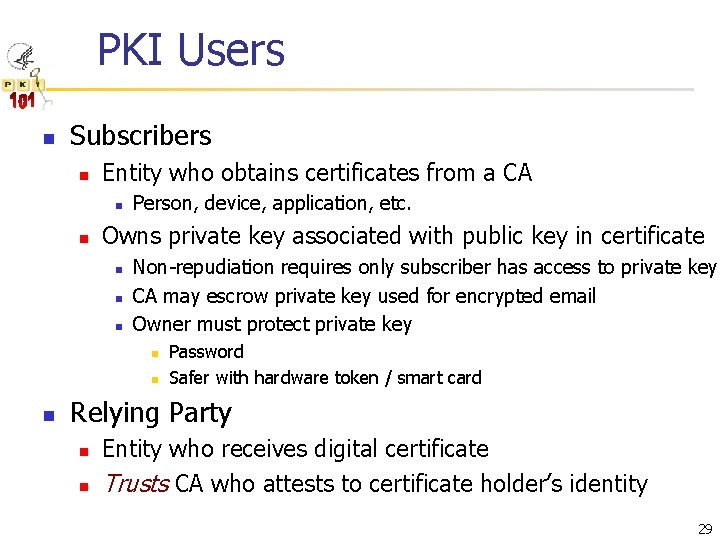 PKI Users n Subscribers n Entity who obtains certificates from a CA n n
