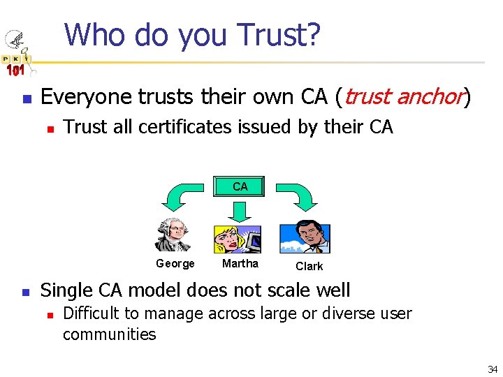 Who do you Trust? n Everyone trusts their own CA (trust anchor) n Trust