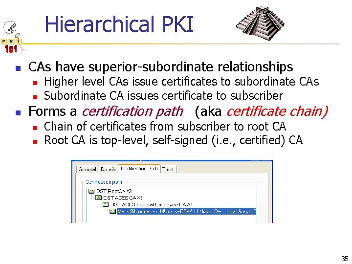 Hierarchical PKI n CAs have superior-subordinate relationships n n n Higher level CAs issue