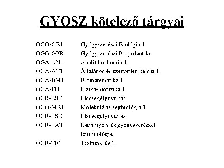 GYOSZ kötelező tárgyai OGO-GB 1 OGG-GPR OGA-AN 1 OGA-AT 1 OGA-BM 1 OGA-FI 1